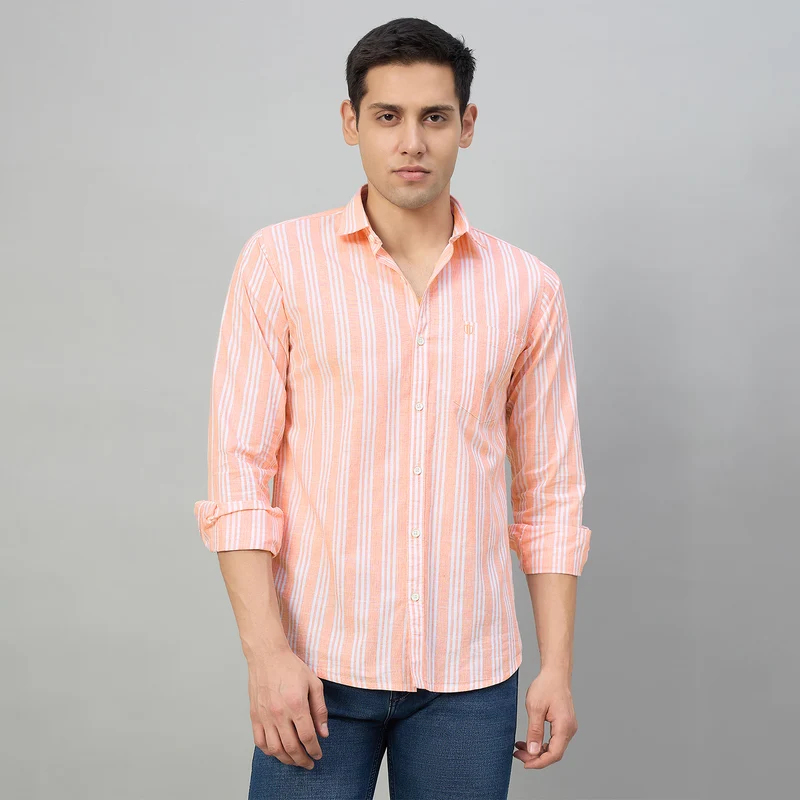 Duke Men Slim Fit Full Sleeve Short Style Cotton Shirt (SDO9STG) Peach / XL / Striped