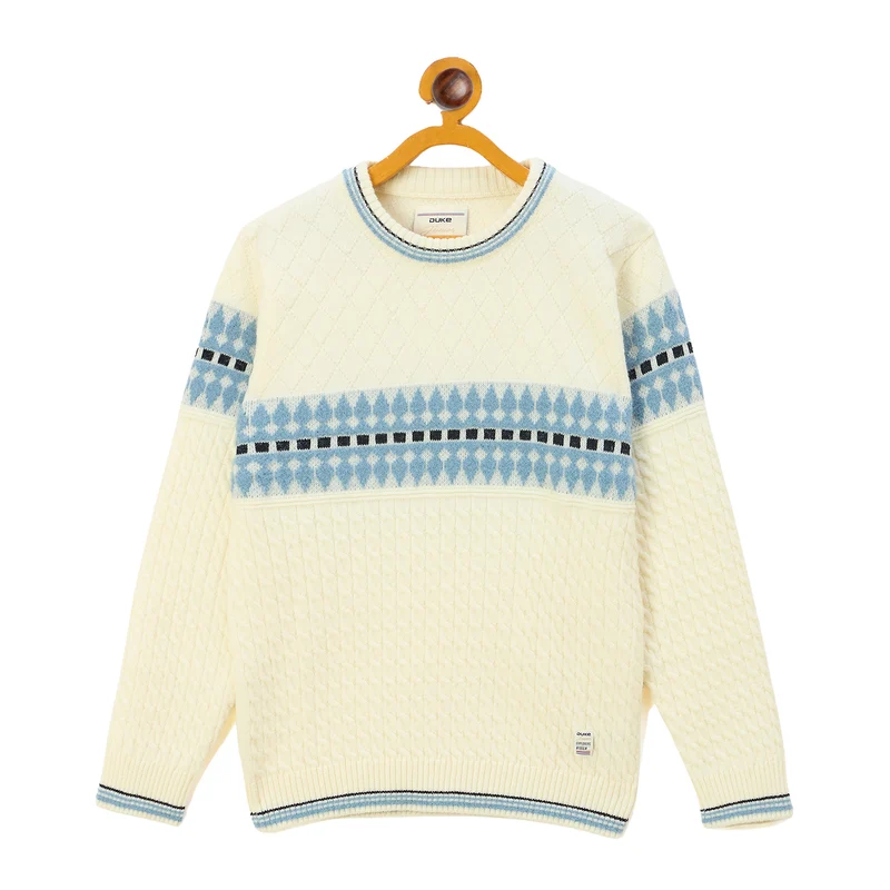 Duke Urban Boys Round Neck Full Sleeve Regular Sweater (S3634) Off White / 32 / Self Design