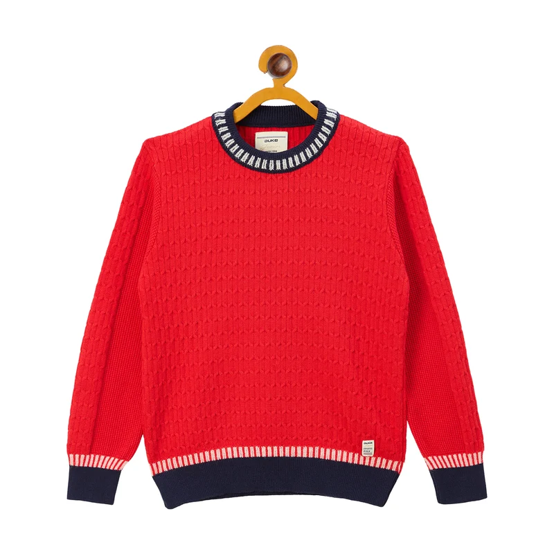 Duke Urban Boys Round Neck Full Sleeve Regular Sweater (S3638) Red / 36 / Self Design