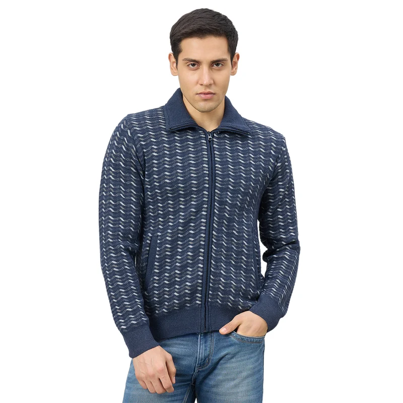 Duke Men Full Sleeve Full Zip Regular Sweater (SDS2360) L.Navy / M / Geometric Print