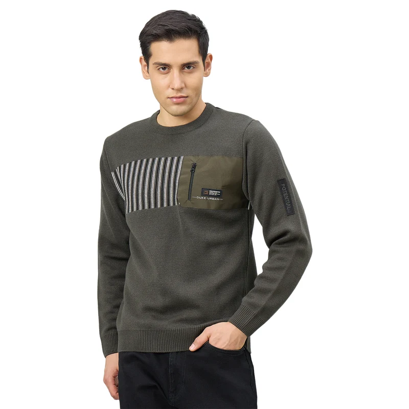 Duke Men Full Sleeve Round Neck Regular Sweater (SDS2337) Olive / L / Printed