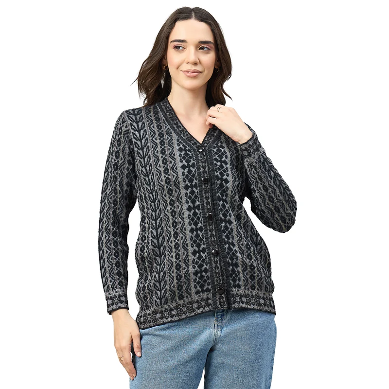 Duke Urban Women Full Sleeve V Neck Regular Sweater (SDS1439) Black / M / Self Design