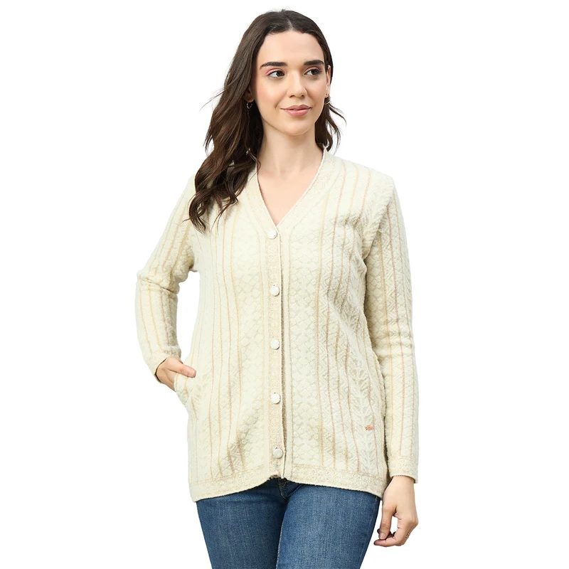 Duke Urban Women Full Sleeve V Neck Regular Sweater (SDS1439) Off White / XXL / Self Design