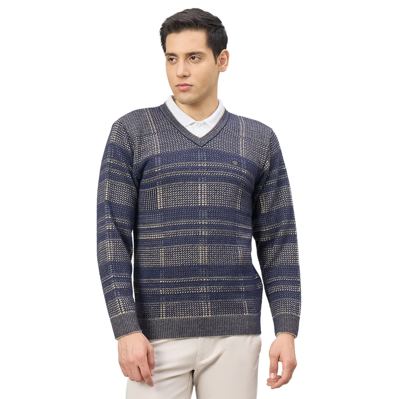 Duke Men Full Sleeve V Neck Regular Sweater (SDS2318) L.Navy / XL / Checkered