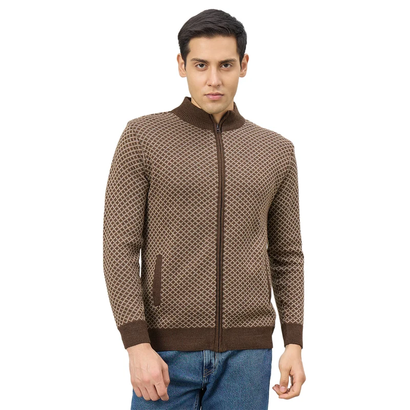 Duke Men Full Sleeve Full Zip Regular Sweater (SDS2393) Brown Mix / L / Geometric Print