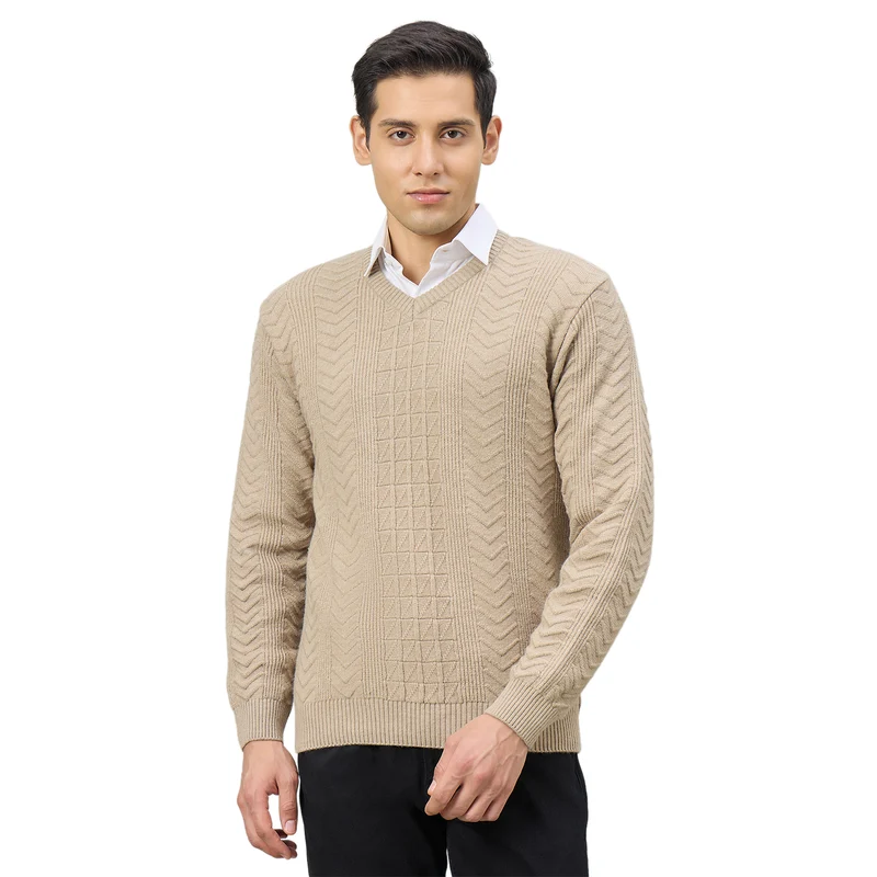 Duke Urban Men Full Sleeve V Neck Regular Sweater (SDS2353) Sand / L / Self design