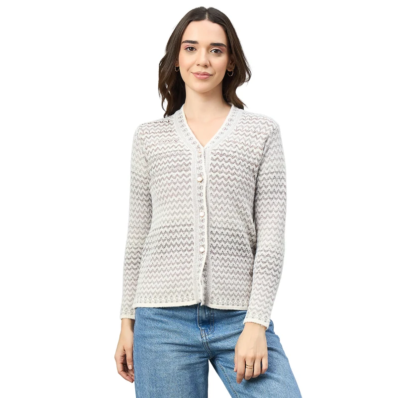 Duke Urban Women Full Sleeve V Neck Regular Sweater (SDS1425) Ecru / L / Self Design