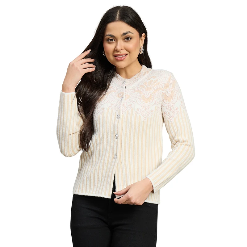 Duke Urban Women Full Sleeve Front Open Slim Fit Sweater (SDS1450) Beige / M / Self Design