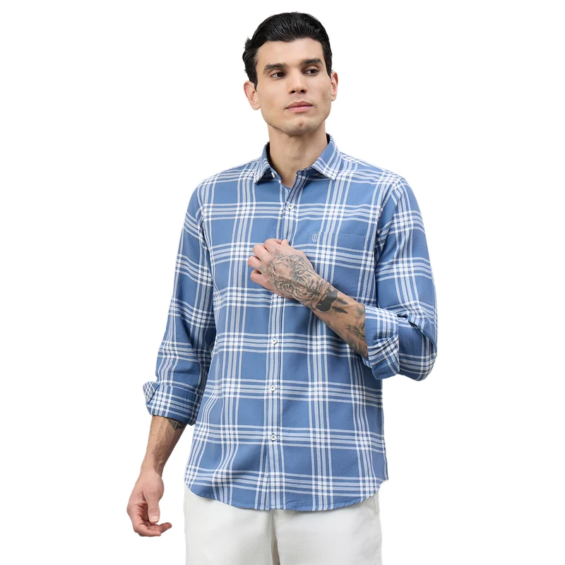 Duke Urban Men Checkered Full Sleeve Spread Collar Regular Shirt (SDO9CKAI) Sky Blue / M / Checkered