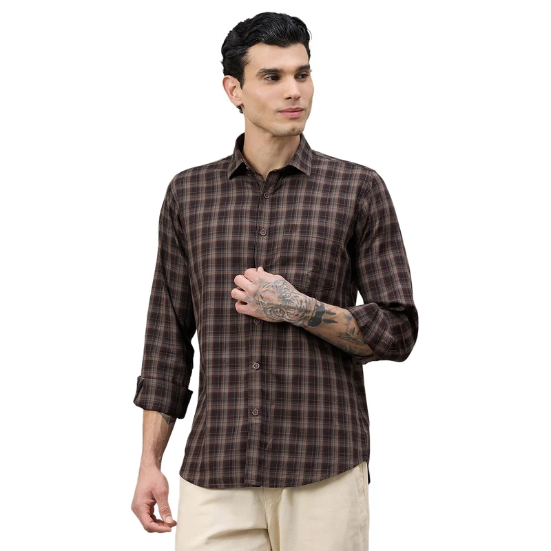 Duke Urban Men Checkered Full Sleeve Spread Collar Regular Shirt (SDO9CKAK) Brown / L / Checkered