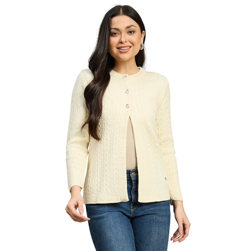 Duke Urban Women Full Sleeve Front Open Regular Fit Sweater (SDS1417) Cream / S / Self Design