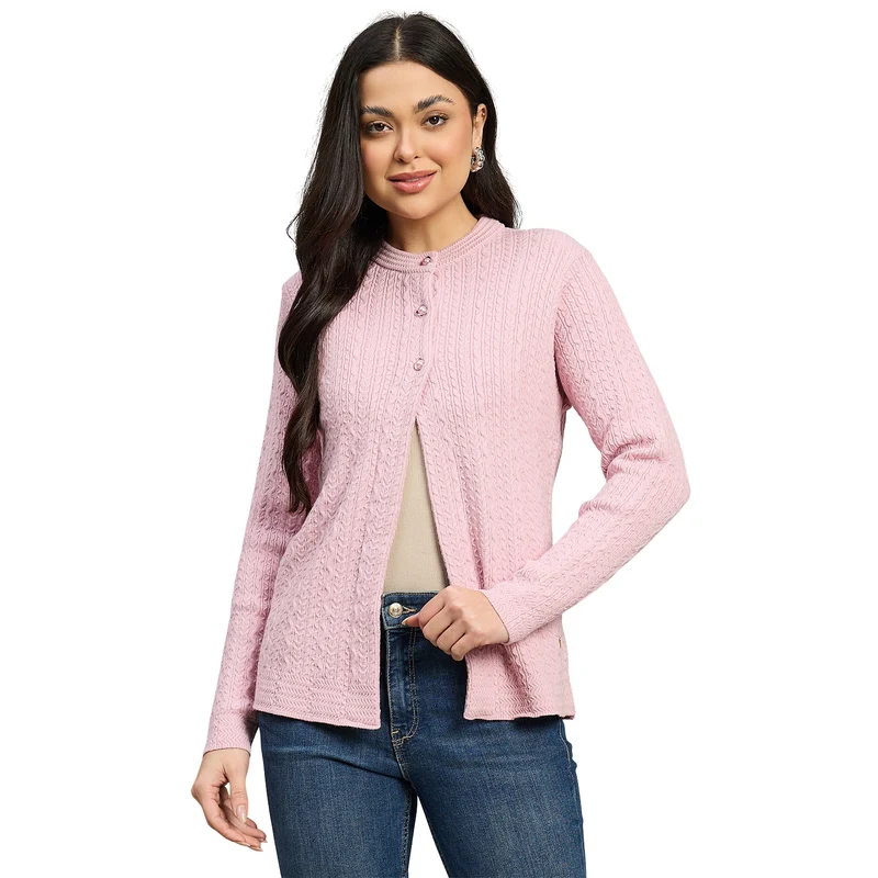 Duke Urban Women Full Sleeve Front Open Regular Fit Sweater (SDS1417) Pink / M / Self Design
