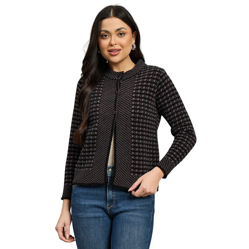 Duke Urban Women Full Sleeve Front Open Slim Fit Sweater (SDS1447) Black / M / Self Design