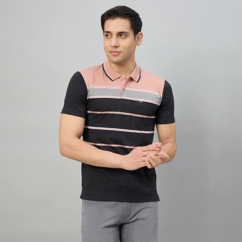 Duke Men Half Sleeve Cotton Regualr Fit Casual T-shirt (MLF1179) Peach / L / Striped