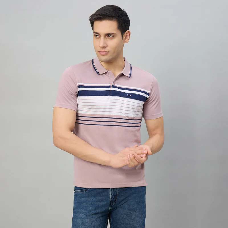 Duke Men Half Sleeve Cotton Regular Fit Casual T-shirt (MLF1178) Dusty Pink / XL / Striped