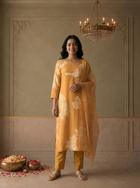 Mustard Crepe Minimal Floral Batik Printed Three Piece Set XL