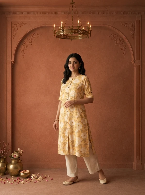 Yellow Cotton Digital Hibiscus Floral Printed Kurta XL