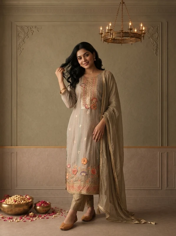 Beige Chanderi Multicolor Lotus Floral Weaved Three Piece Set L