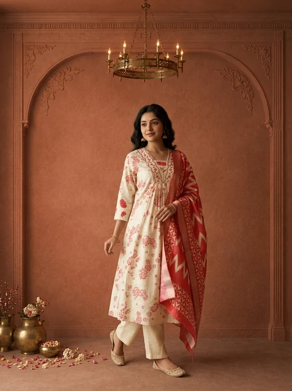Rani Pink Rayon All-Over Floral Printed Three Piece Set XL