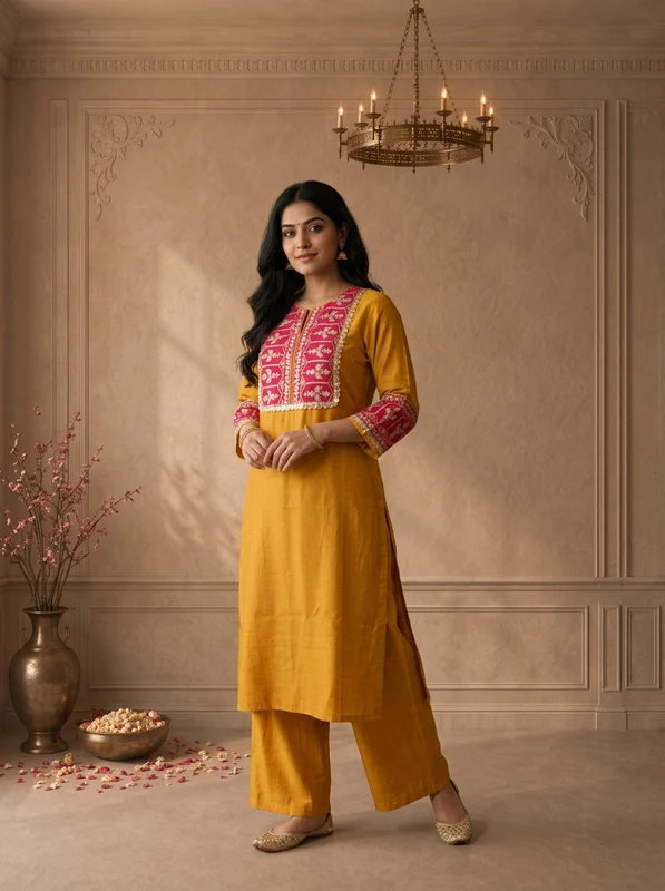 Mustard Rayon Solid With Thread Embroidered Two Piece Set 3XL