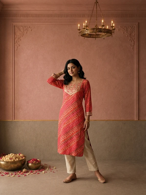Pink Rayon Diagonal Leheriya Printed Kurta M