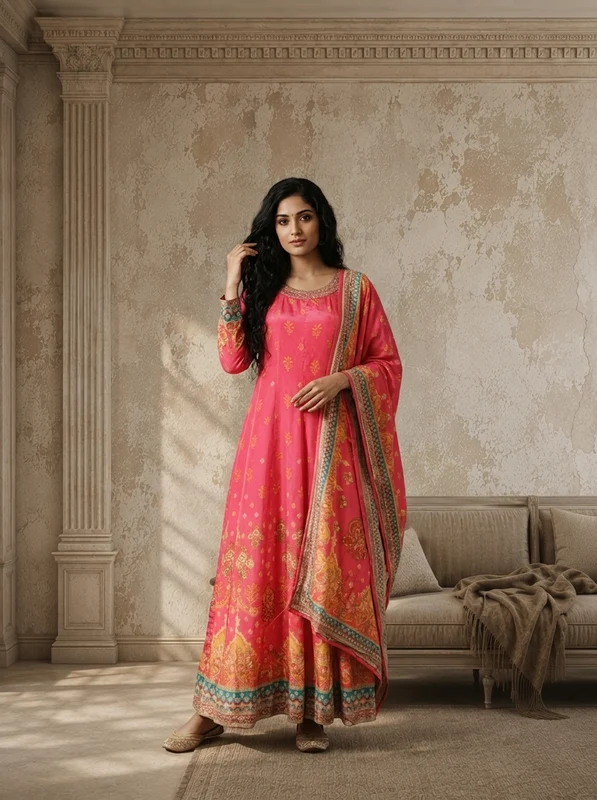 Pink Crepe Mughal Boota Printed Anarkali With Dupatta XXL