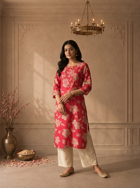 Magenta Muslin Floral Vine Printed Kurta XL