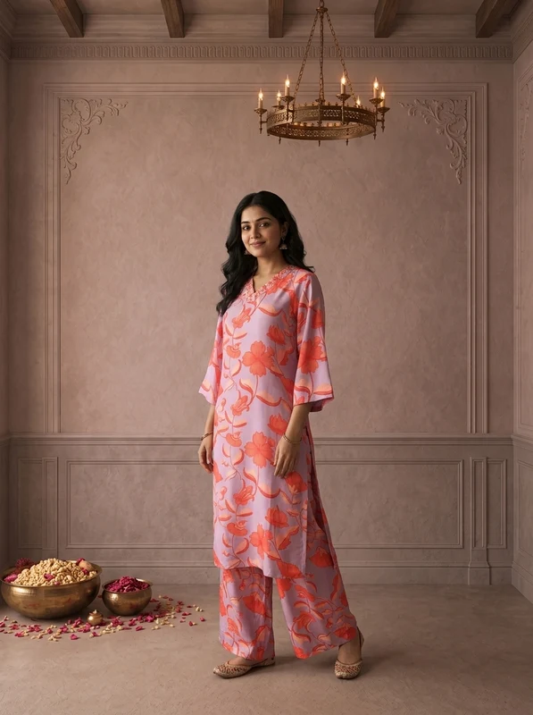 Lilac Muslin Tropical Floral Printed Two Piece Set XL