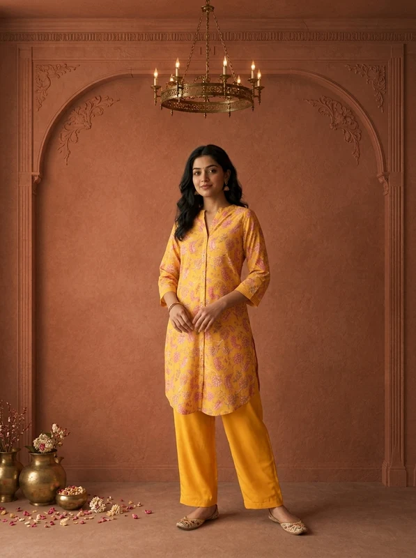 Yellow Muslin Digital Floral Printed Two Piece Set L