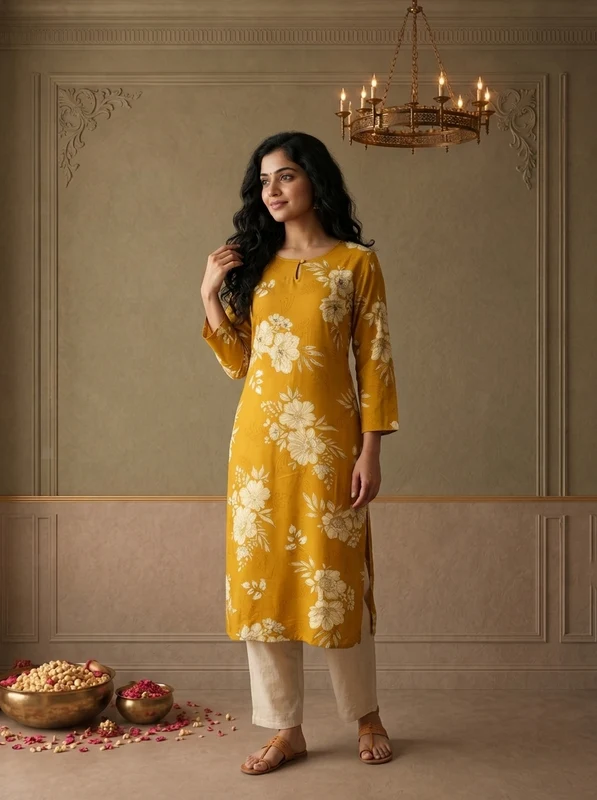 Mustard Rayon Bunch Floral Printed Kurta XL