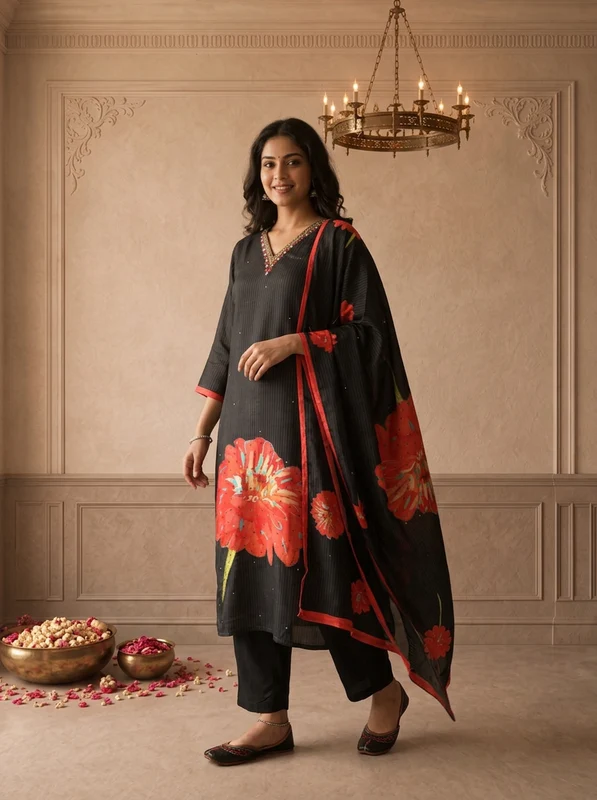 Black Muslin Big Flower Hand-Painted Printed Three Piece Set XXL