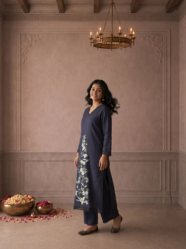 Navy Blue Linen Floral Vine Embroidered Two Piece Set M