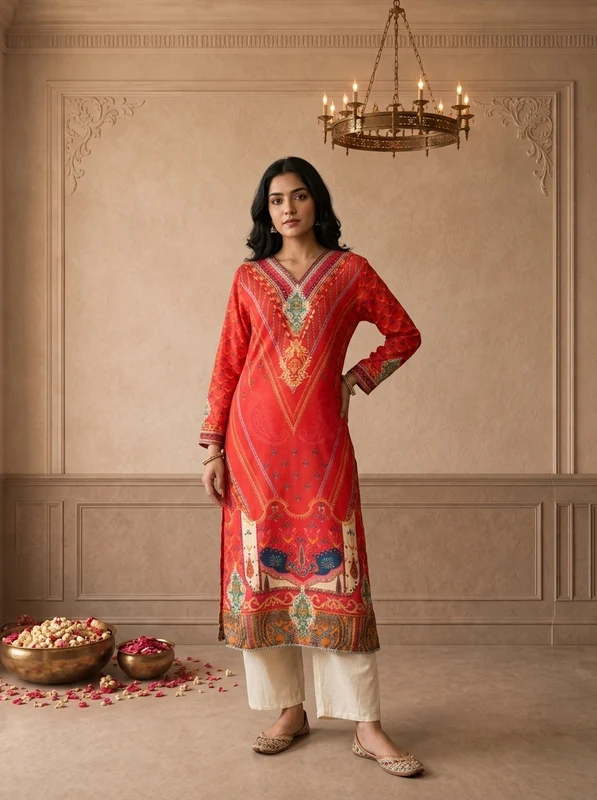 Red Muslin Mughal Paisley Digital Printed Kurta XXL