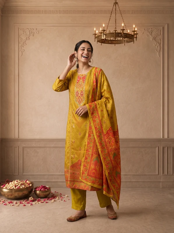 Mustard Muslin Ethnic Printed Three Piece Set M