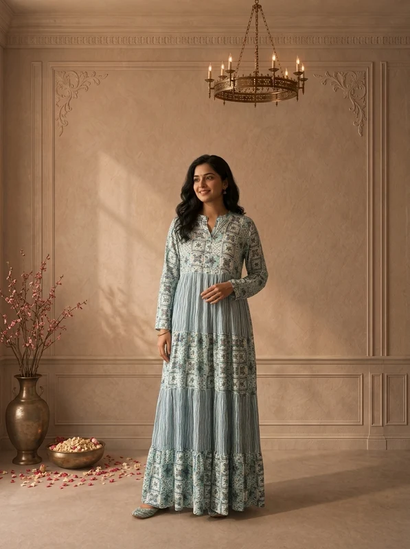 Sky Blue Rayon Moroccan Tile Printed Long Dress XL