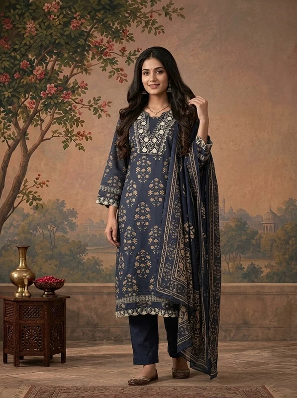 Navy Blue Cotton Mughal Floral Printed Three Piece Set M