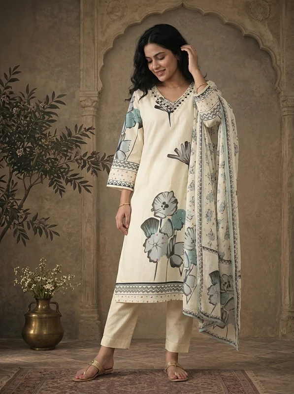 Grey Cotton Abstract Floral Printed Three Piece Set M