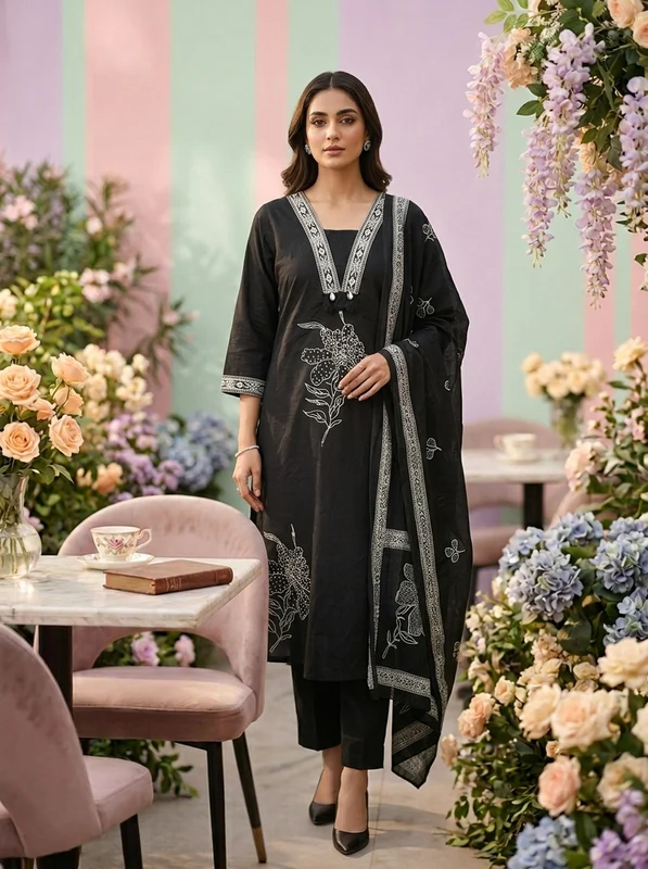 Black Cotton Three Piece Set L