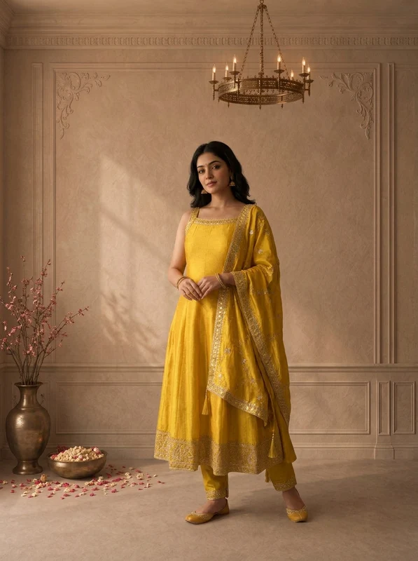 Yellow Silk Zari Paisley Design And Sequins Embroidered Three Piece Set XXL