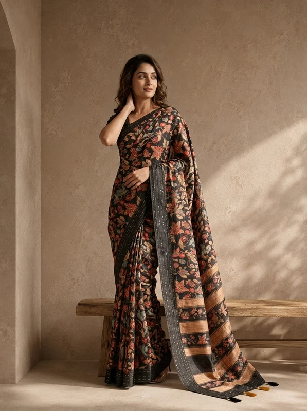 Black Silk Kalamkari Floral Jaal Printed Saree