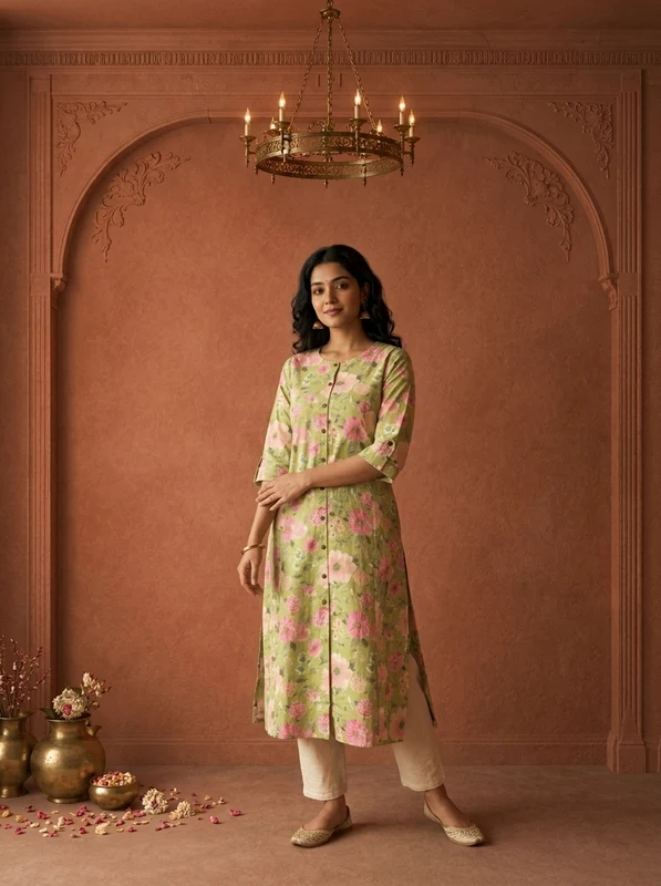 Pista Green Cotton Blossom Printed Kurta XL