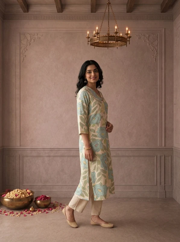Ferozi Cotton Pixel Floral Printed Kurta XXL