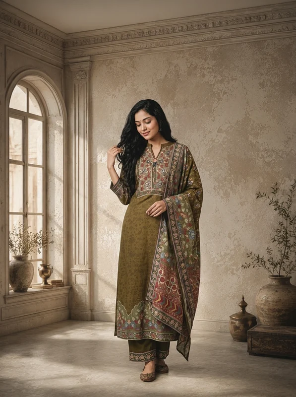 Olive Crepe Floral Jaal Printed Three Piece Set L