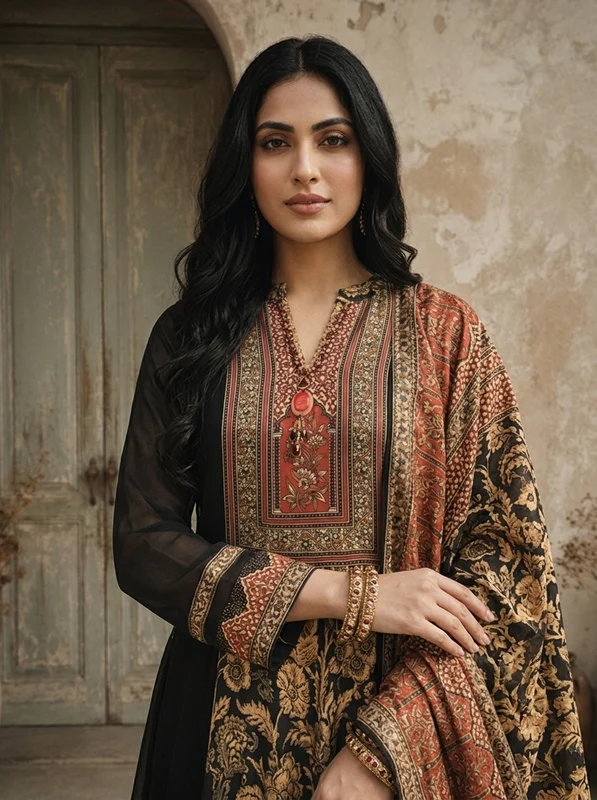 Black Georgette Ethnic Floral Jaal Printed Three Piece Set XL