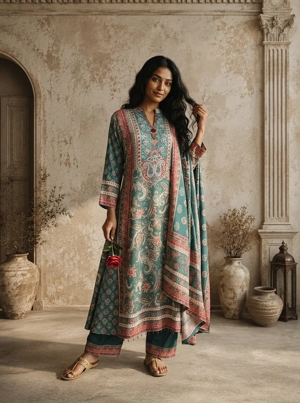Green Muslin Paisley Motif Printed Three Piece Set L
