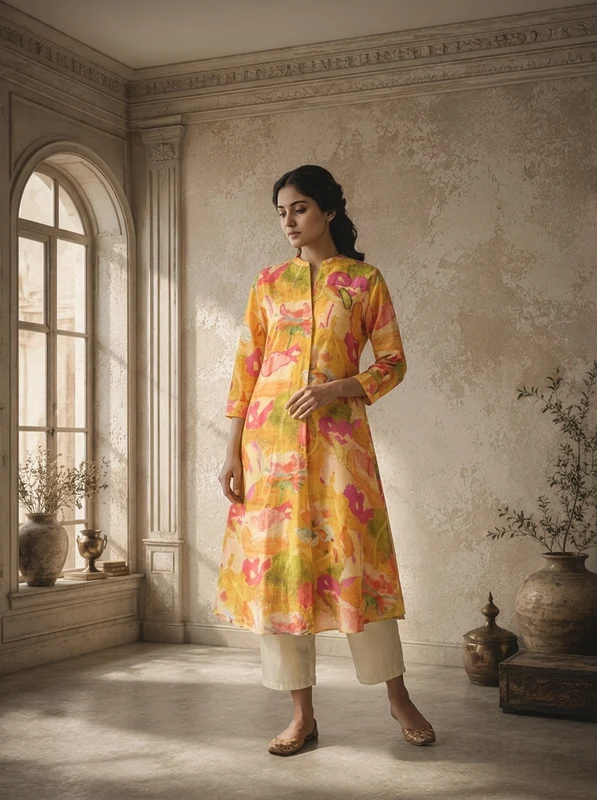 Mustard Rayon Multicolor Watercolor Printed Kurta M