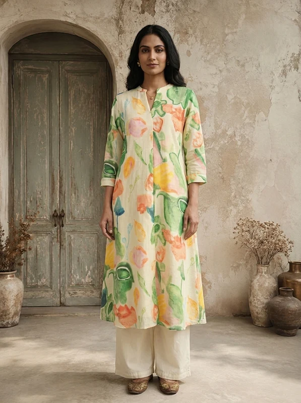 Cream Rayon Multicolor Watercolor Printed Kurta XL
