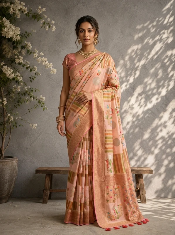 Peach Silk Zari Checks With Gharchola Parrot Motif Printed Saree