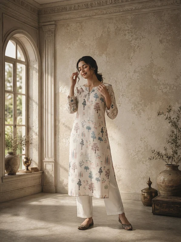 Cream Linen Botanical Tree Printed Kurta L