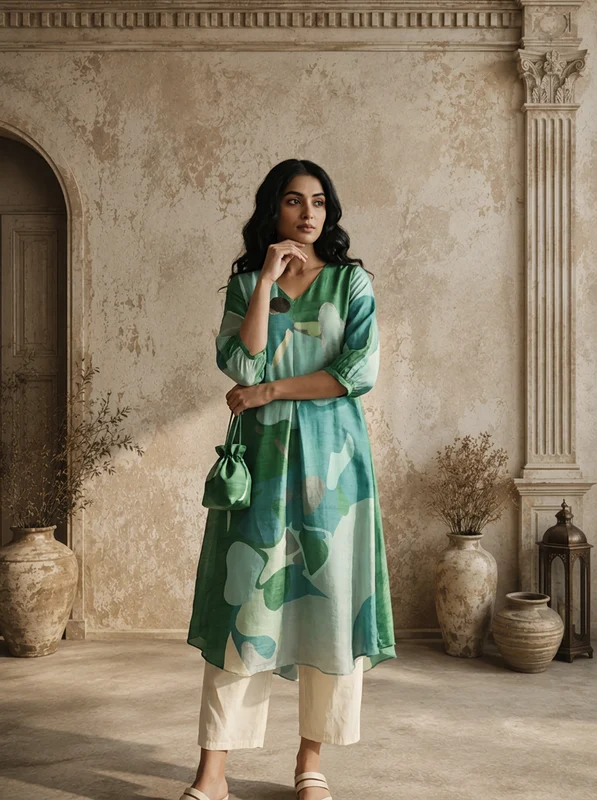 Aqua Silk Abstract Patch Printed Kurta L